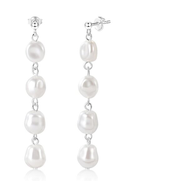 Silver Baroque Pearl Drop Dangle Long Tassel Wedding Bridal Earrings for Women - Picture 1 of 6